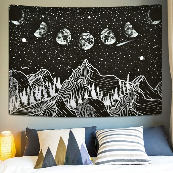 Tapestry Moon Phase Mountain Black and White Fabric Wall Hanging Art Decor - Picture 2 of 4
